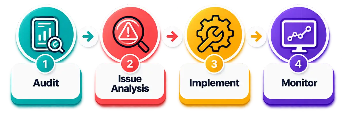 SEO, AEO and GEO process from audit and issue analysis to implementation and monitoring